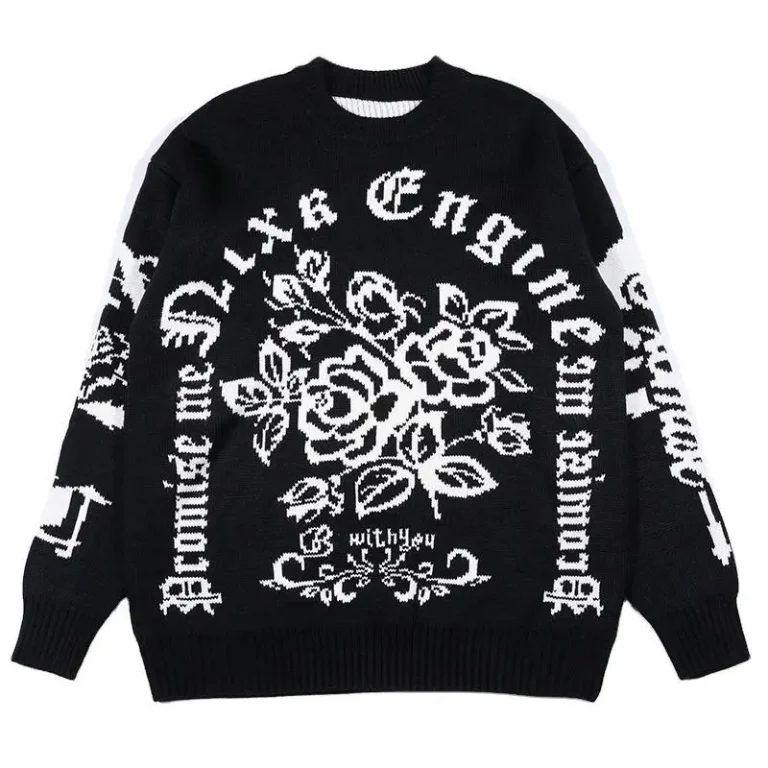 Black sweater with white skeleton and rose motifs.