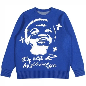 View the blue crewneck sweater with a white portrait and lettering.