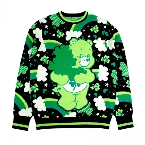 View the black sweater with a large green bear, flowers and rainbow motifs.
