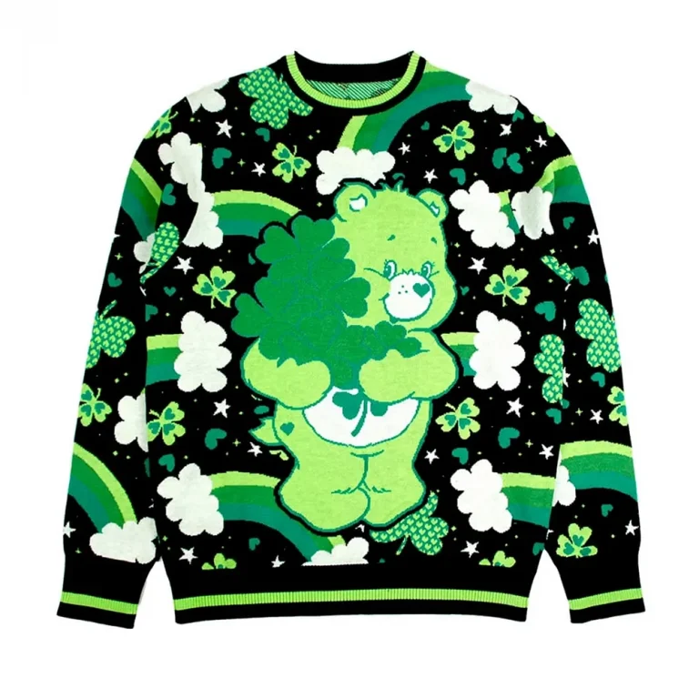 View the black sweater with a large green bear, flowers and rainbow motifs.