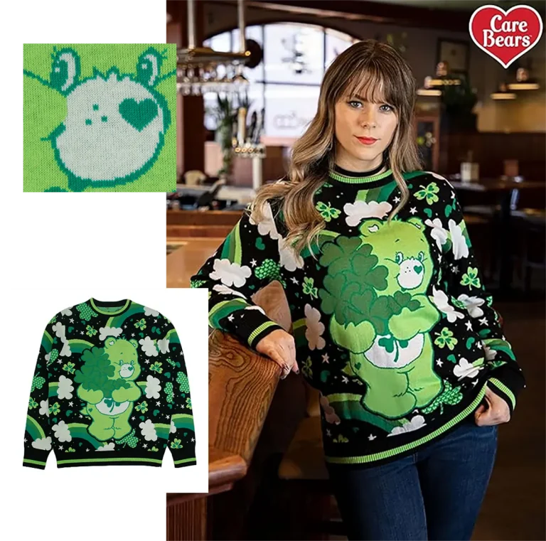 Green bear-pattern sweater shown on a model alongside garment and motif details.