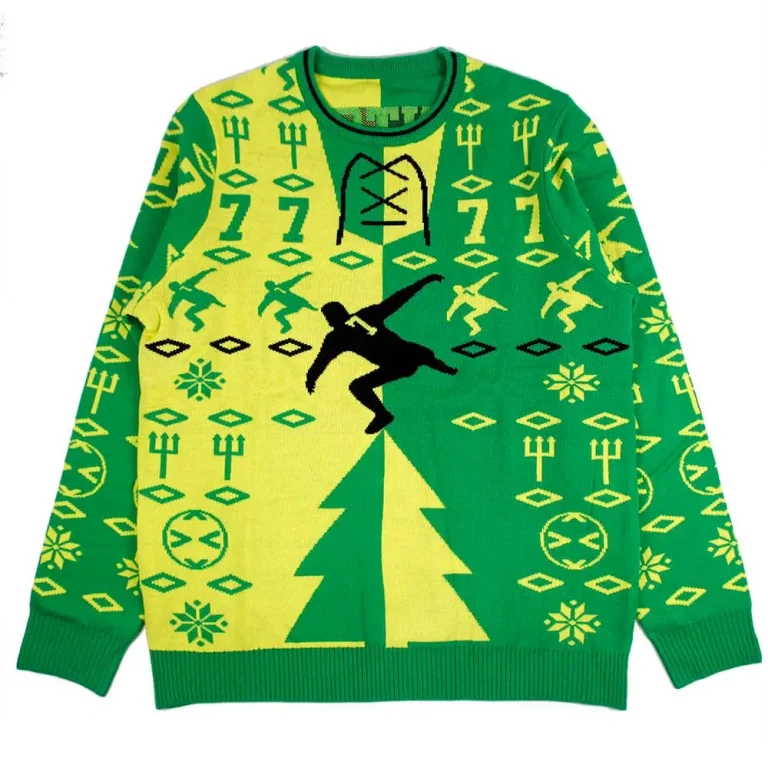 Green sweater with yellow goblet and ornamental motifs.