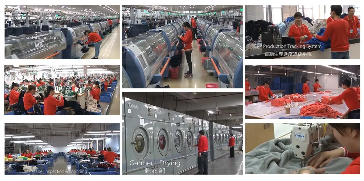 Knitting, sewing, finishing and inspection areas in the factory.