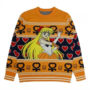 View the mustard crewneck sweater with an illustrated character, red hearts and patterned borders.