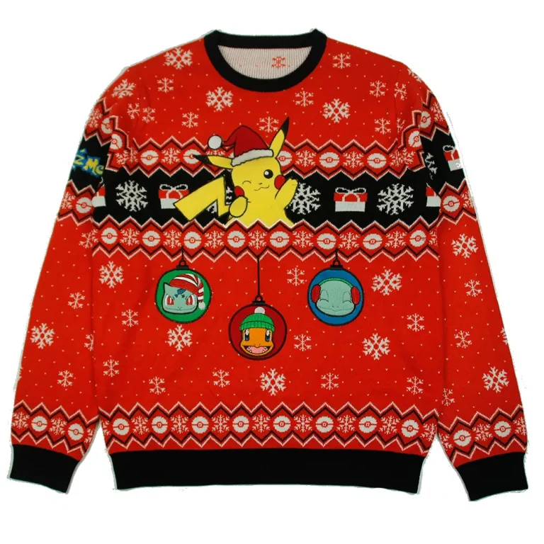 Red holiday sweater with a truck motif and patterned horizontal bands.