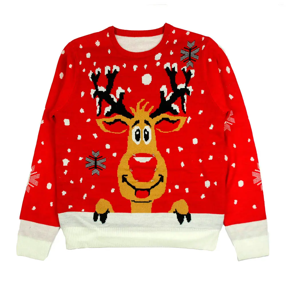 Red Christmas sweater with a reindeer and white snowflakes.