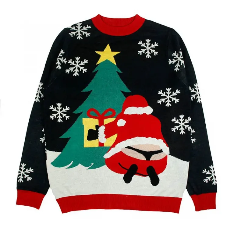 View the black Christmas sweater with Santa beside a green tree and white snowflakes.