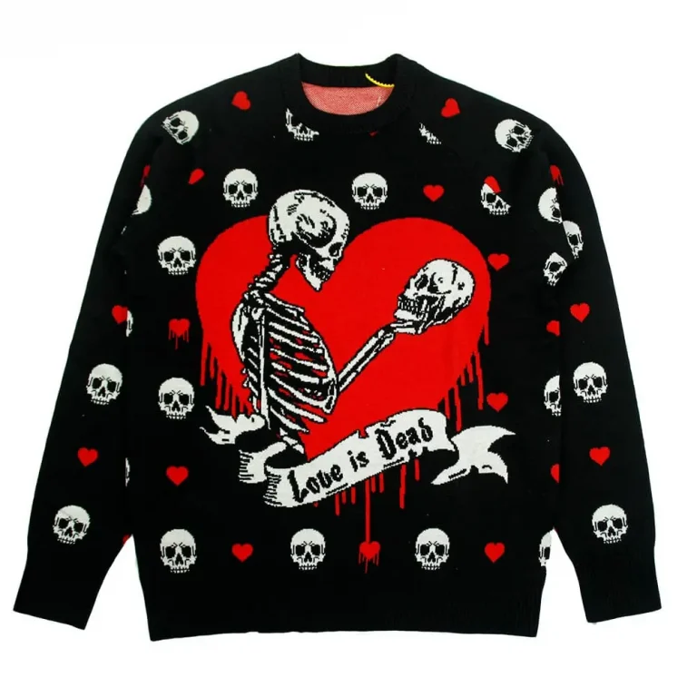 View the black crewneck sweater with two skeletons inside a red heart.