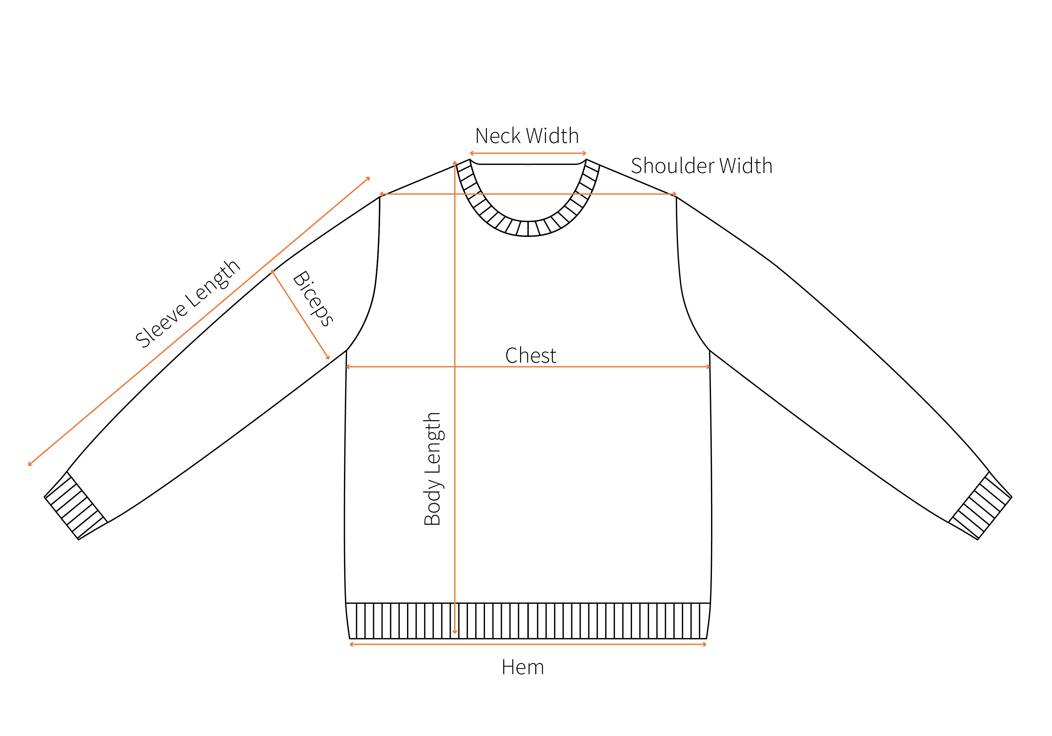Sweater measurement guide showing neck width, shoulder width, chest, biceps, sleeve length, body length and hem.